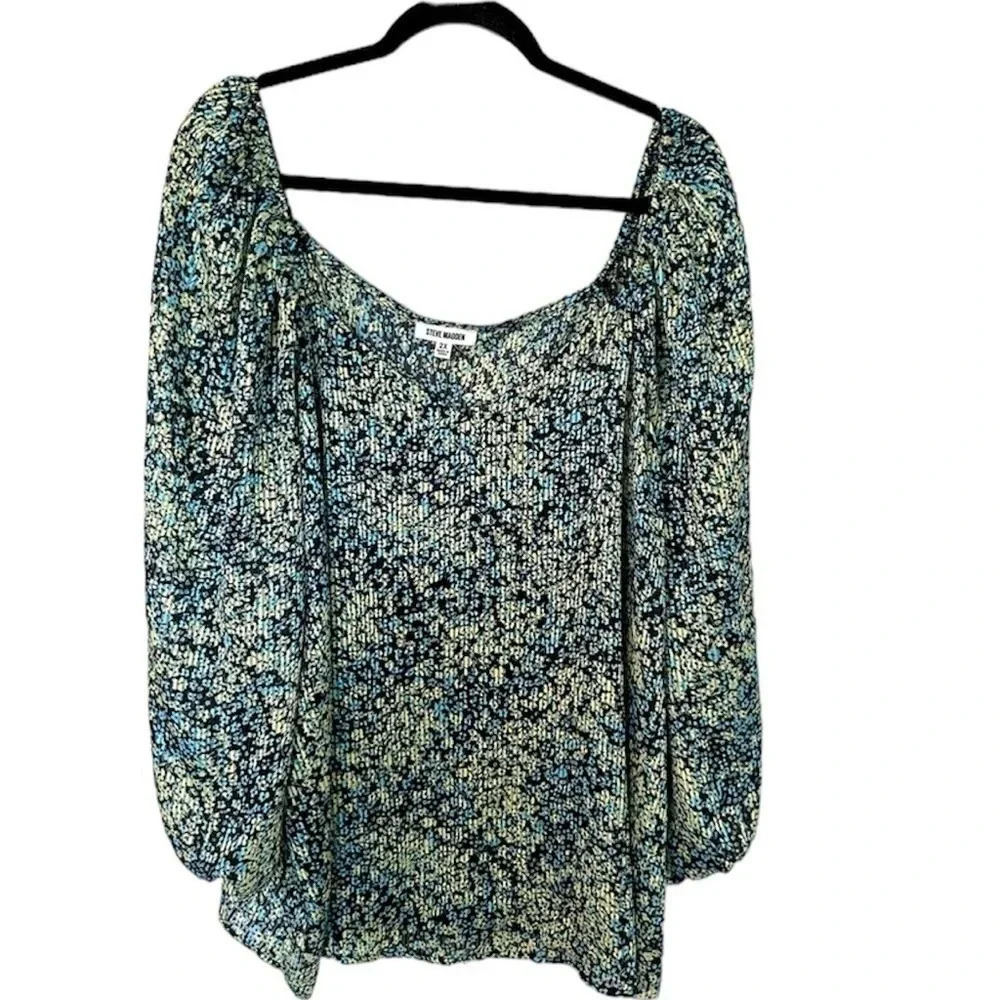 Steve Madden Women’s 3/4 Sleeve Square Neck Black Multi Floral Top Size 2X NWT